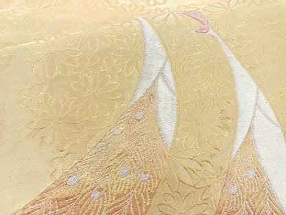 平和屋着物◎六通柄袋帯 孔雀花文 金銀糸 正絹 逸品 BAAM6550cm