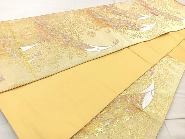 平和屋着物◎六通柄袋帯 孔雀花文 金銀糸 正絹 逸品 BAAM6550cm