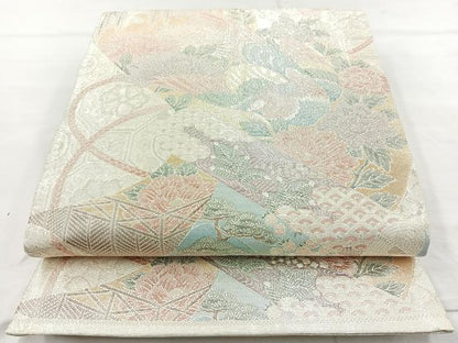 平和屋着物◎900織特選佐賀錦　六通柄袋帯　尾長鳥花絵巻　金糸　正絹　逸品　BAAM6557cm
