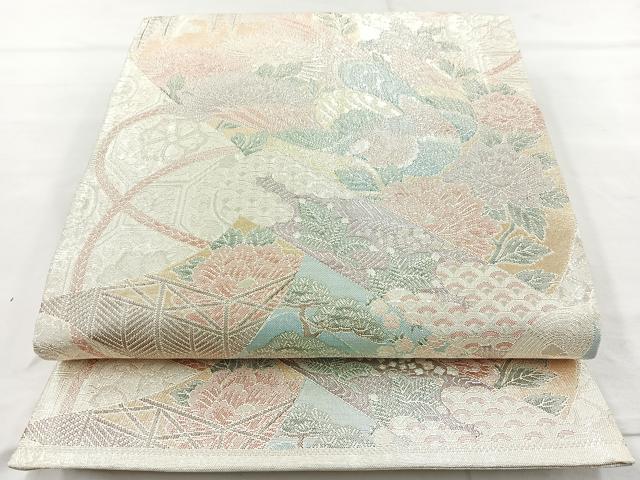 平和屋着物◎900織特選佐賀錦　六通柄袋帯　尾長鳥花絵巻　金糸　正絹　逸品　BAAM6557cm