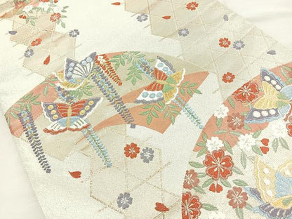 平和屋着物◎六通柄袋帯 地紙花蝶文 金糸 正絹 逸品 BAAM6564cm
