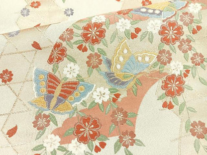 平和屋着物◎六通柄袋帯 地紙花蝶文 金糸 正絹 逸品 BAAM6564cm