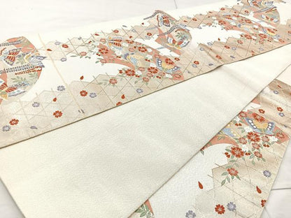 平和屋着物◎六通柄袋帯 地紙花蝶文 金糸 正絹 逸品 BAAM6564cm