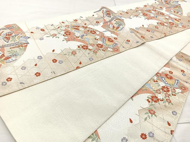 平和屋着物◎六通柄袋帯 地紙花蝶文 金糸 正絹 逸品 BAAM6564cm