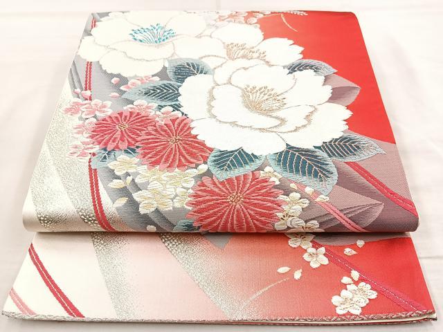 平和屋着物◎六通柄袋帯 唐織 花園 金糸 正絹 逸品 BAAM6568cm