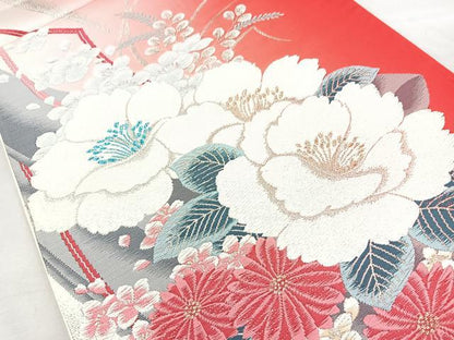 平和屋着物◎六通柄袋帯 唐織 花園 金糸 正絹 逸品 BAAM6568cm
