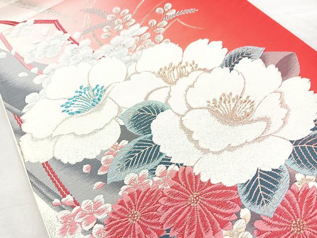 平和屋着物◎六通柄袋帯 唐織 花園 金糸 正絹 逸品 BAAM6568cm