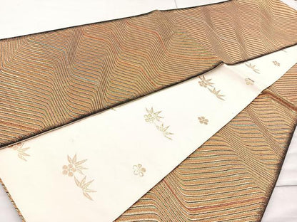 平和屋着物◎全通柄袋帯　流線文　金糸　正絹　逸品　BAAM6570cm