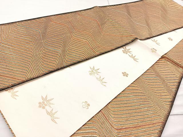 平和屋着物◎全通柄袋帯　流線文　金糸　正絹　逸品　BAAM6570cm