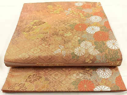 平和屋着物◎六通柄袋帯　格天井草花文　金糸　正絹　逸品　BAAM6571cm