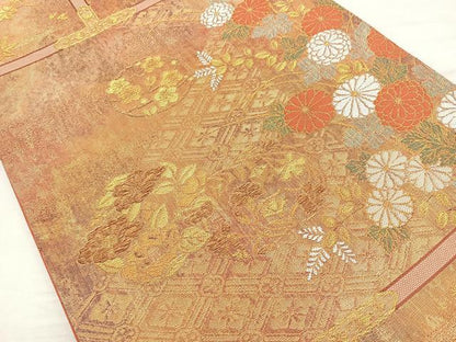 平和屋着物◎六通柄袋帯　格天井草花文　金糸　正絹　逸品　BAAM6571cm