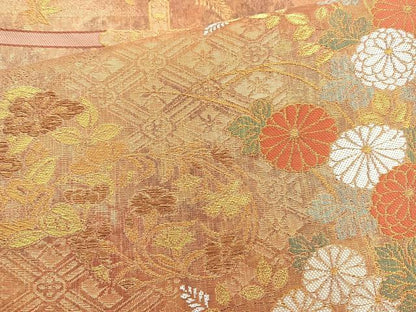 平和屋着物◎六通柄袋帯　格天井草花文　金糸　正絹　逸品　BAAM6571cm