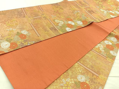 平和屋着物◎六通柄袋帯　格天井草花文　金糸　正絹　逸品　BAAM6571cm