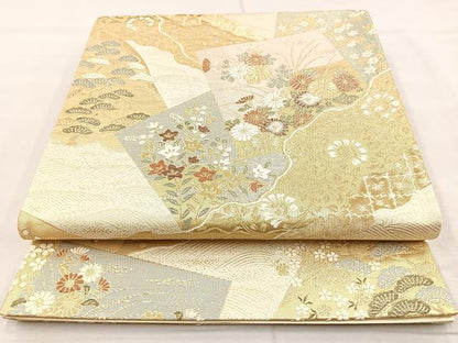 平和屋着物◎六通柄袋帯　唐織　色紙道長四季の彩文　金糸　正絹　逸品　BAAM6572cm