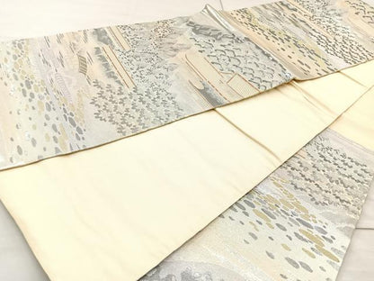平和屋着物◎六通柄袋帯　樹林風景文　錦プラチナ箔　正絹　逸品　BAAM6573cm