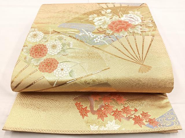 平和屋着物◎六通柄袋帯　扇面花文　金糸　正絹　逸品　BAAM6587cm