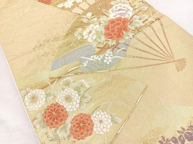 平和屋着物◎六通柄袋帯　扇面花文　金糸　正絹　逸品　BAAM6587cm