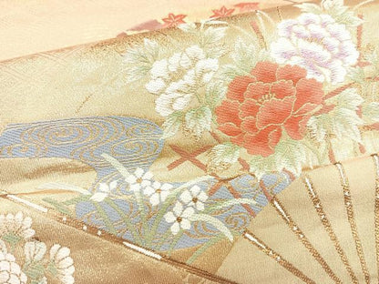 平和屋着物◎六通柄袋帯　扇面花文　金糸　正絹　逸品　BAAM6587cm