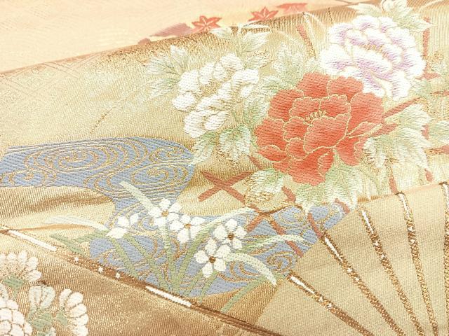 平和屋着物◎六通柄袋帯　扇面花文　金糸　正絹　逸品　BAAM6587cm