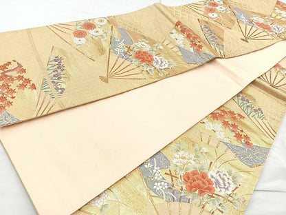 平和屋着物◎六通柄袋帯　扇面花文　金糸　正絹　逸品　BAAM6587cm