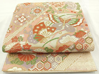 平和屋着物◎佐賀錦 六通柄袋帯 地紙花蝶文 金糸 正絹 逸品 BAAM6608cm