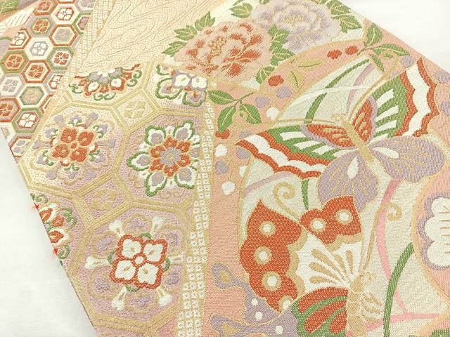 平和屋着物◎佐賀錦 六通柄袋帯 地紙花蝶文 金糸 正絹 逸品 BAAM6608cm