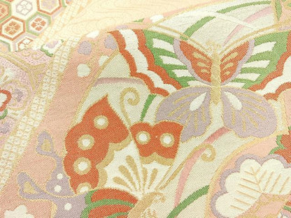 平和屋着物◎佐賀錦 六通柄袋帯 地紙花蝶文 金糸 正絹 逸品 BAAM6608cm