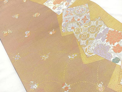 平和屋着物◎六通柄袋帯 唐織 色紙吉祥花文 金糸 正絹 逸品 BAAM6609cm