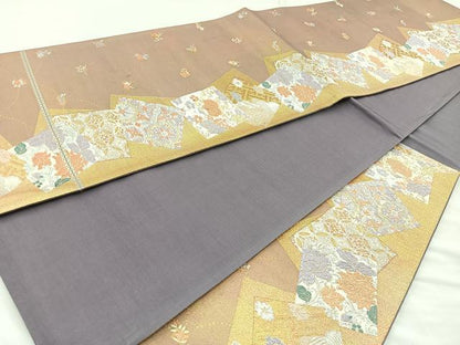 平和屋着物◎六通柄袋帯 唐織 色紙吉祥花文 金糸 正絹 逸品 BAAM6609cm