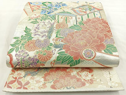 平和屋着物◎佐賀錦　六通柄袋帯　御所車花鳥文　金銀糸　正絹　逸品　BAAM6610cm