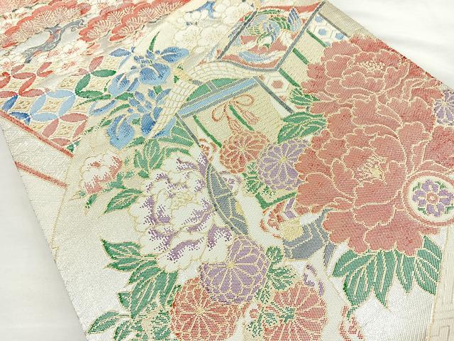 平和屋着物◎佐賀錦　六通柄袋帯　御所車花鳥文　金銀糸　正絹　逸品　BAAM6610cm