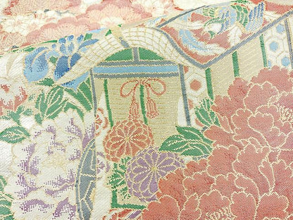 平和屋着物◎佐賀錦　六通柄袋帯　御所車花鳥文　金銀糸　正絹　逸品　BAAM6610cm