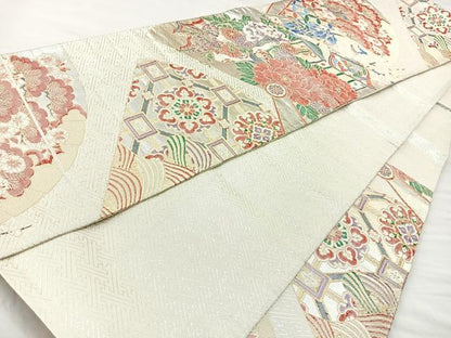 平和屋着物◎佐賀錦　六通柄袋帯　御所車花鳥文　金銀糸　正絹　逸品　BAAM6610cm