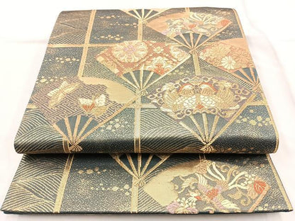 平和屋着物◎六通柄袋帯 唐織 扇面花鳥文 金糸 正絹 逸品 BAAM6625cm