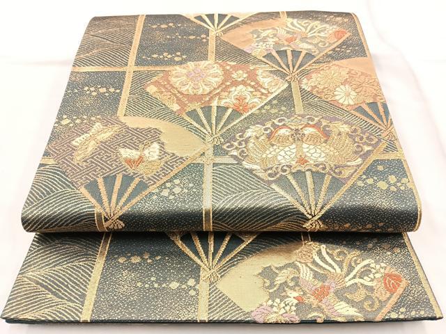 平和屋着物◎六通柄袋帯 唐織 扇面花鳥文 金糸 正絹 逸品 BAAM6625cm