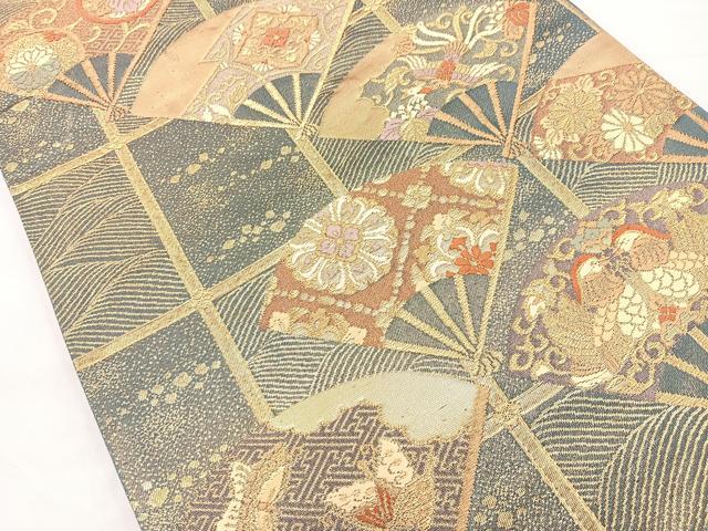 平和屋着物◎六通柄袋帯 唐織 扇面花鳥文 金糸 正絹 逸品 BAAM6625cm
