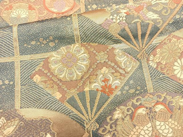 平和屋着物◎六通柄袋帯 唐織 扇面花鳥文 金糸 正絹 逸品 BAAM6625cm