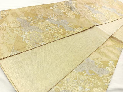 平和屋着物◎佐賀錦 六通柄袋帯 飛鶴花文 金銀糸 正絹 逸品 BAAM6632cm