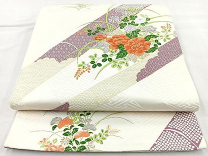 平和屋着物◎六通柄袋帯　唐織　草花文　金銀糸　正絹　逸品　BAAM6636cm