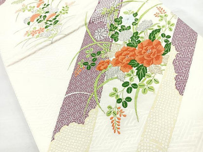 平和屋着物◎六通柄袋帯　唐織　草花文　金銀糸　正絹　逸品　BAAM6636cm