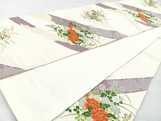平和屋着物◎六通柄袋帯　唐織　草花文　金銀糸　正絹　逸品　BAAM6636cm