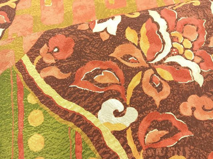 平和屋着物◎全通柄袋帯　切嵌更紗花文　結幡　金糸　正絹　逸品　BAAM6649cm