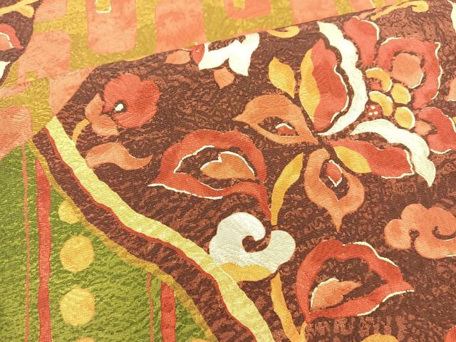 平和屋着物◎全通柄袋帯　切嵌更紗花文　結幡　金糸　正絹　逸品　BAAM6649cm