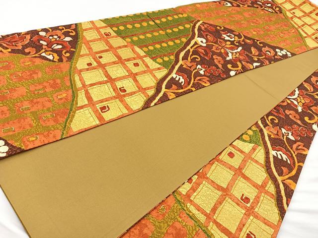 平和屋着物◎全通柄袋帯　切嵌更紗花文　結幡　金糸　正絹　逸品　BAAM6649cm