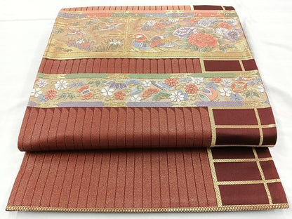 平和屋着物◎六通太鼓柄袋帯 吉祥花鳥文 金糸 正絹 逸品 BAAM6653cm