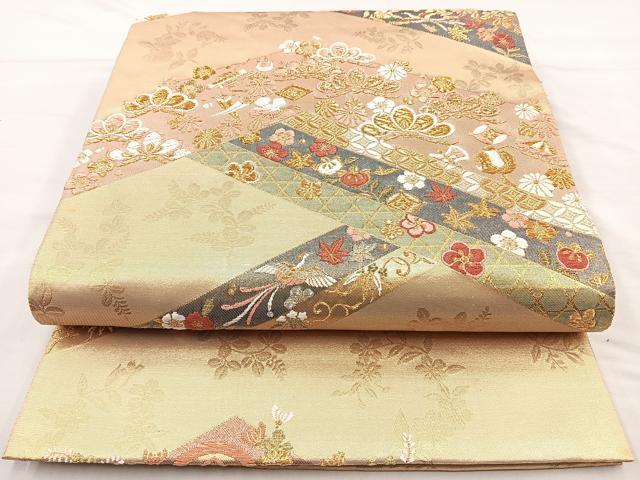 平和屋着物◎六通柄袋帯 唐織 綾錦金彩 吉祥花鳥文 金糸 正絹 逸品 BAAM6658cm
