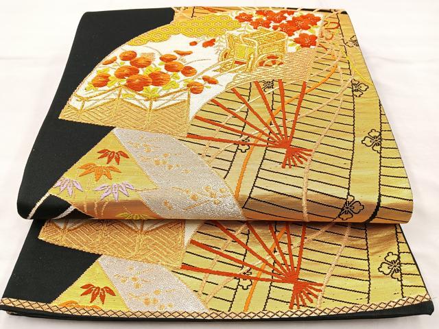 平和屋着物◎六通柄袋帯 唐織 扇面御所車花文 黒地 金糸 正絹 逸品 BAAM6660cm
