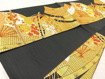 平和屋着物◎六通柄袋帯 唐織 扇面御所車花文 黒地 金糸 正絹 逸品 BAAM6660cm
