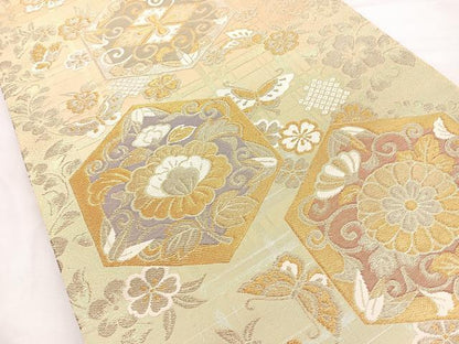 平和屋着物◎六通柄袋帯 亀甲花蝶文 金糸 正絹 逸品 BAAM6661cm