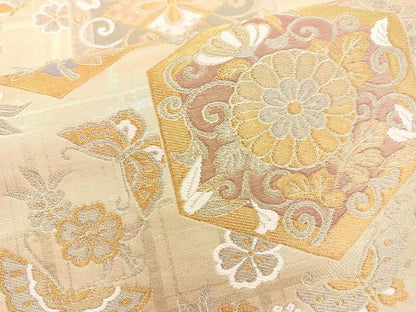 平和屋着物◎六通柄袋帯 亀甲花蝶文 金糸 正絹 逸品 BAAM6661cm